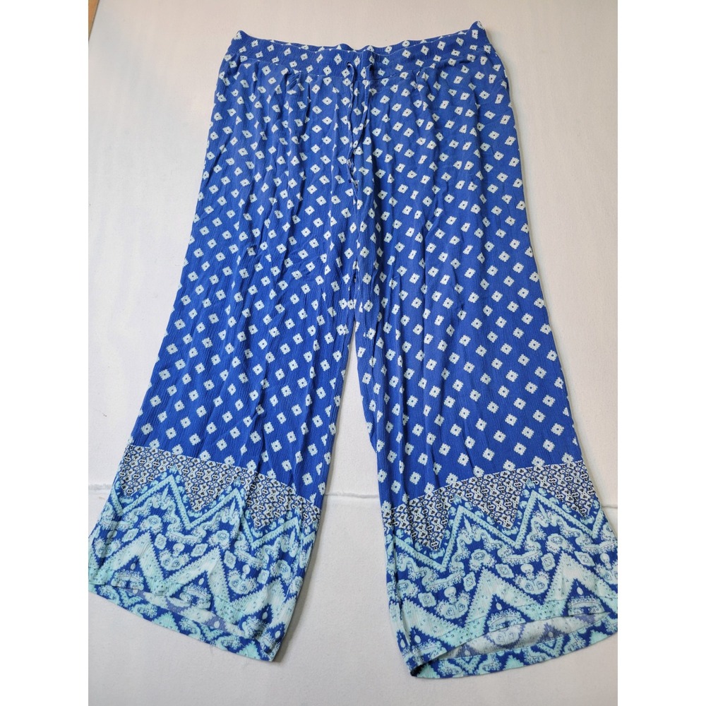 Valerie Stevens Blue White Geometric Print Wide Leg Drawstring Pants XL 2410